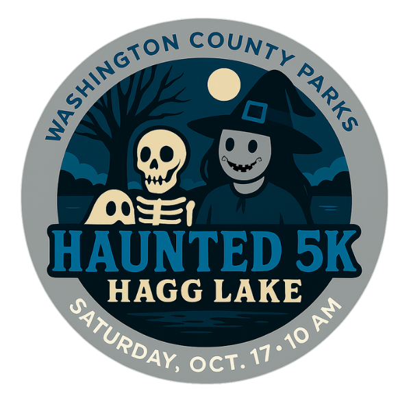 haunted 5K logo with ghost, skeleton and witch at a lake setting
